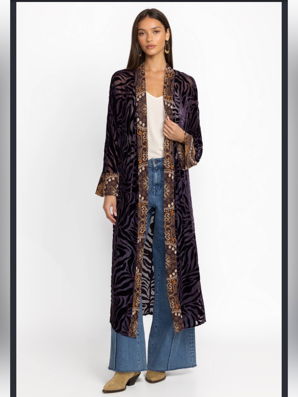 Johnny Was Twilight Silk Kimono Eggplant Zebra Velvet M